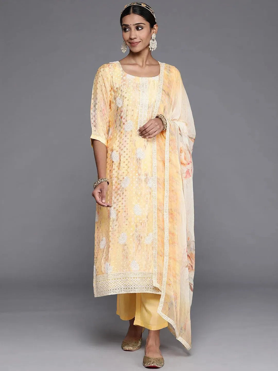 Yellow Embroidered Poly Georgette Straight Suit Set - Libas 