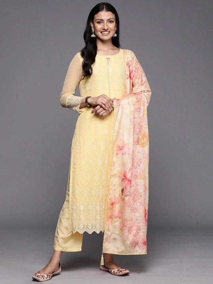 Yellow Embroidered Georgette Straight Suit Set With Trousers - Libas