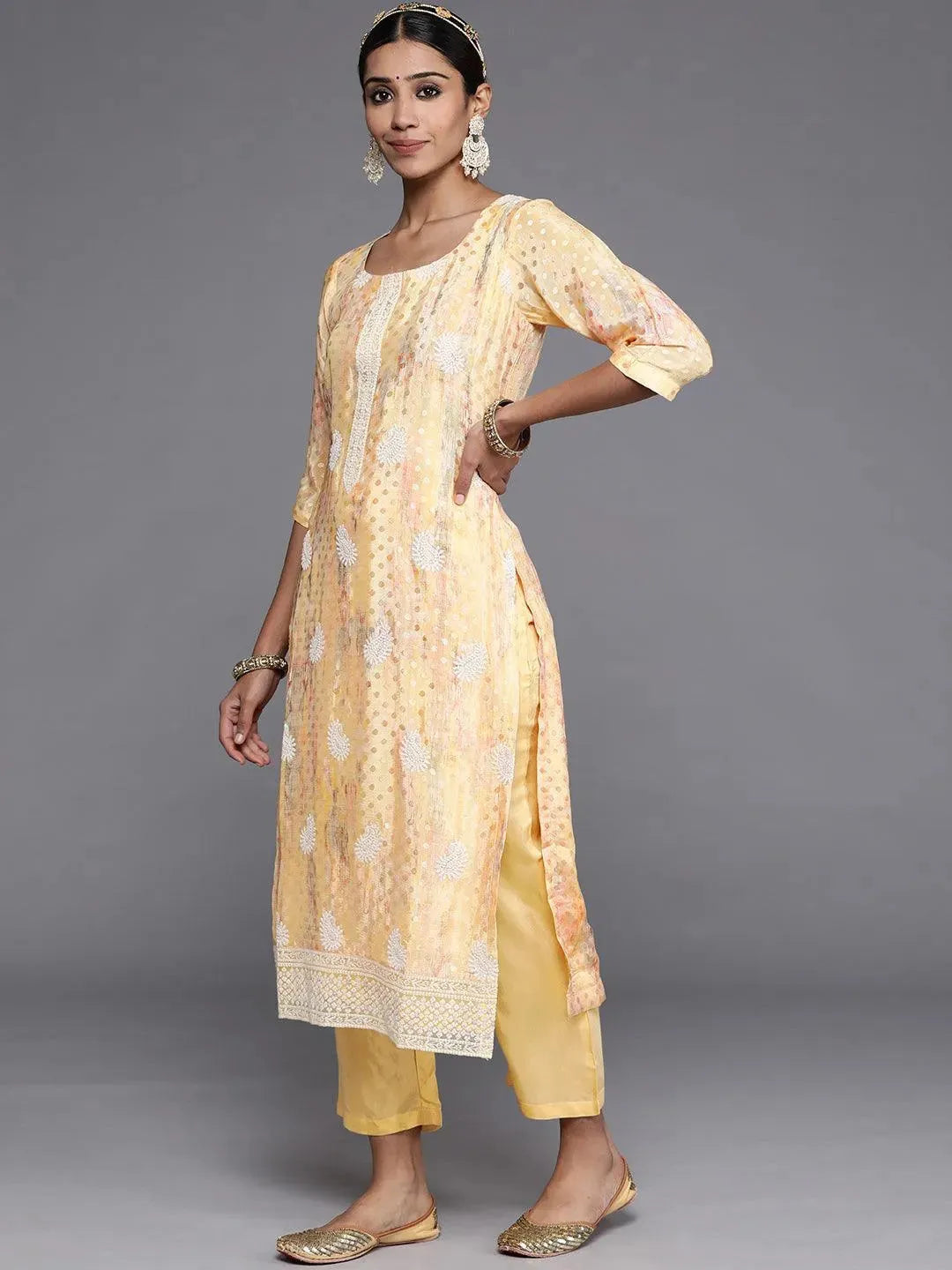 Yellow Embroidered Poly Georgette Straight Suit Set - Libas 