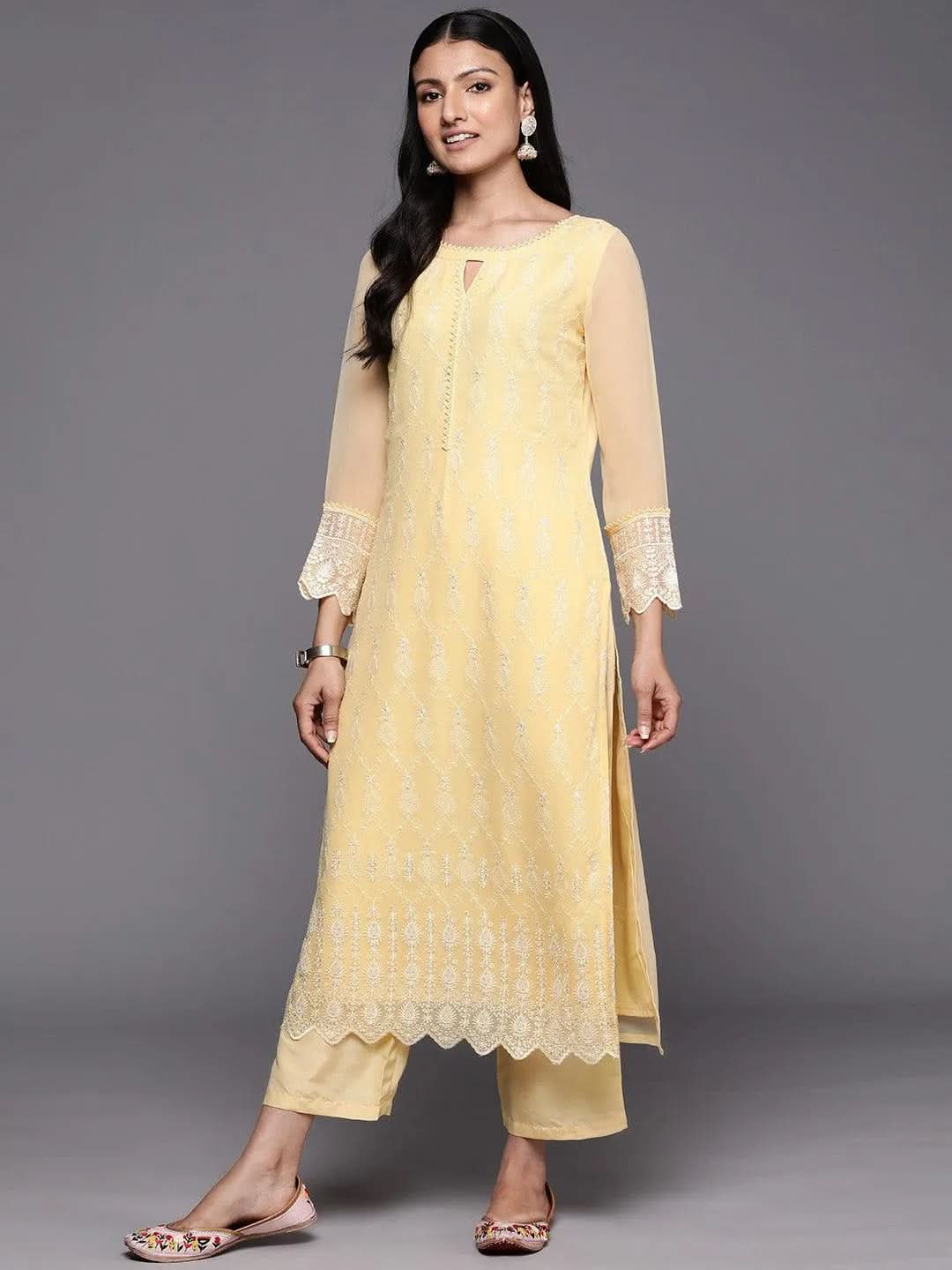 Yellow Embroidered Georgette Straight Suit Set With Trousers - Libas 