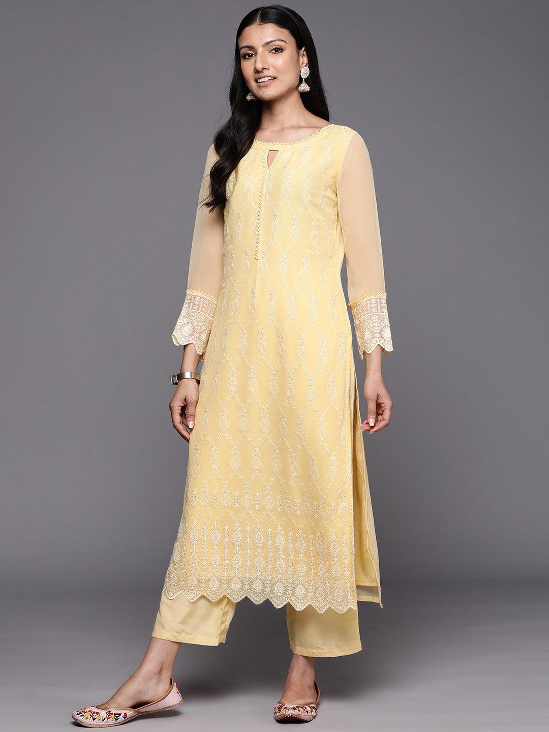 Yellow Embroidered Georgette Straight Suit Set With Trousers - Libas