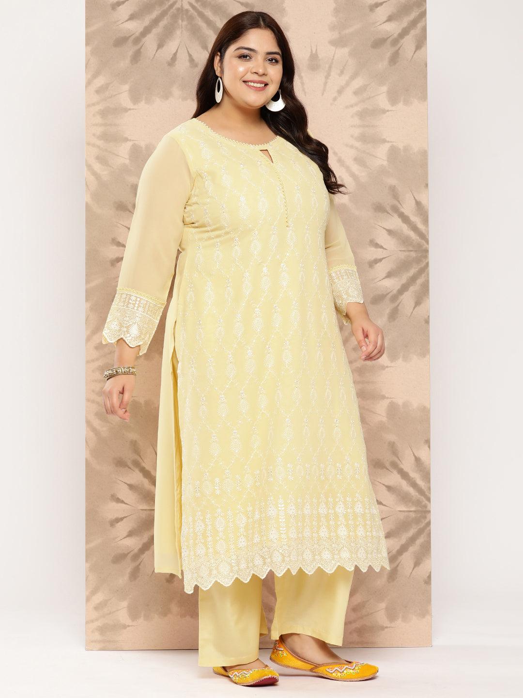 Yellow Embroidered Georgette Straight Kurta With Trousers and Dupatta