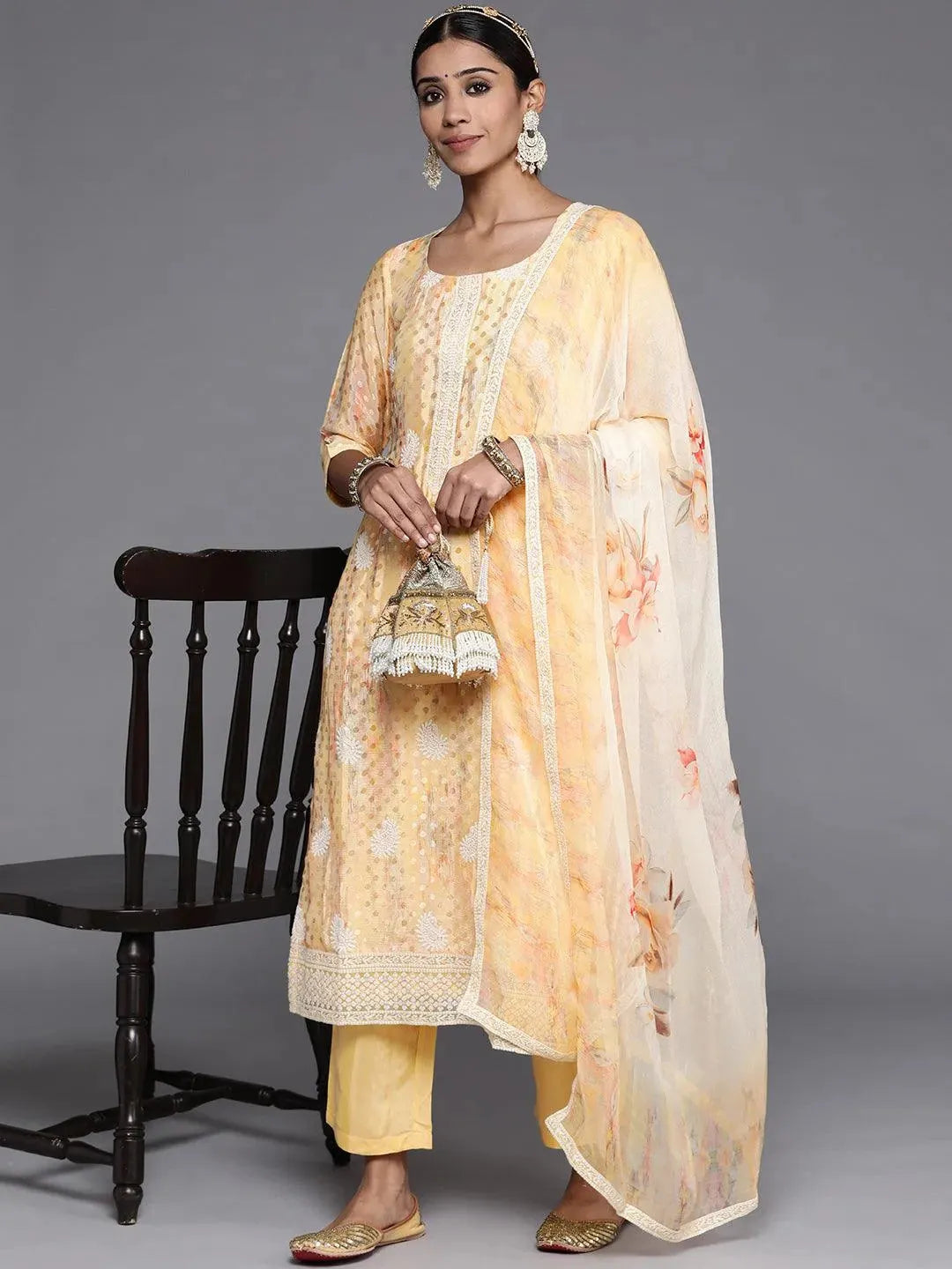 Yellow Embroidered Poly Georgette Straight Suit Set - Libas 