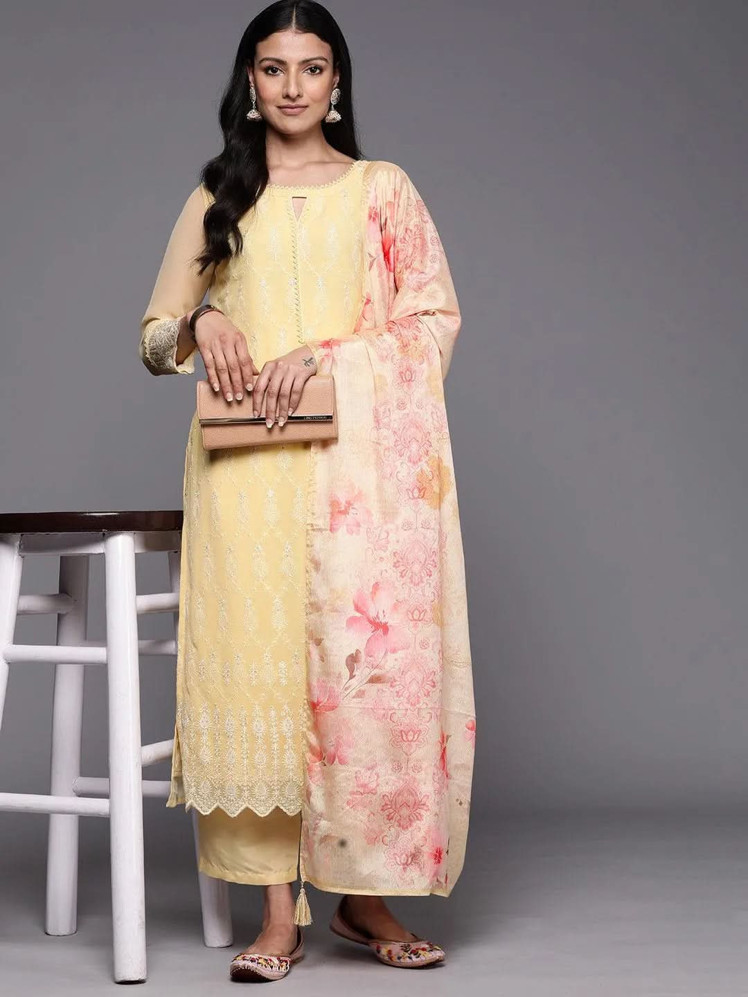 Yellow Embroidered Georgette Straight Suit Set With Trousers - Libas 