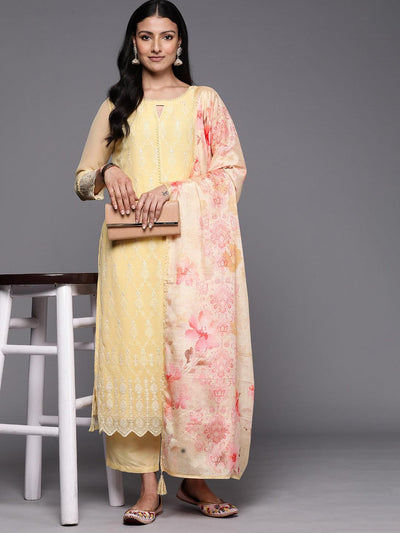 Yellow Embroidered Georgette Straight Suit Set With Trousers - Libas