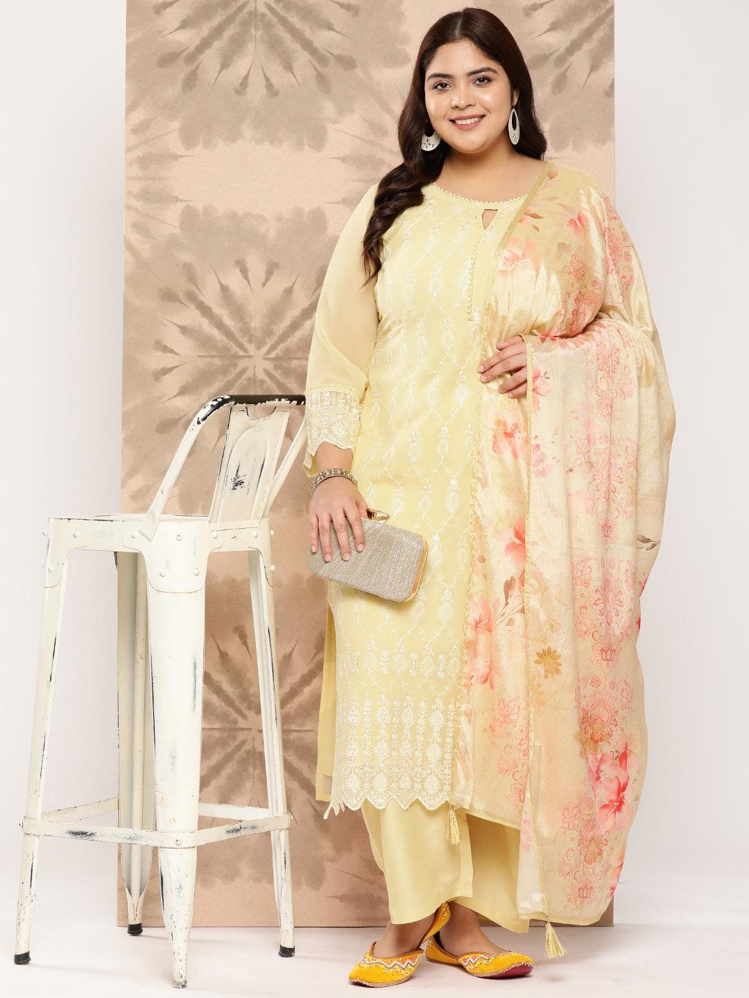Yellow Embroidered Georgette Straight Kurta With Trousers and Dupatta
