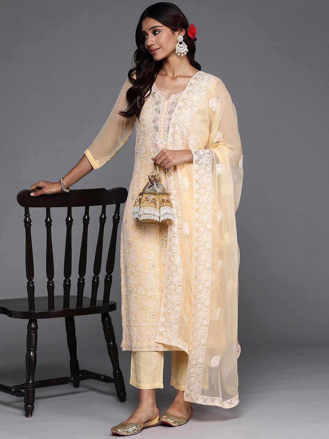Yellow Embroidered Poly Georgette Straight Suit Set - Libas