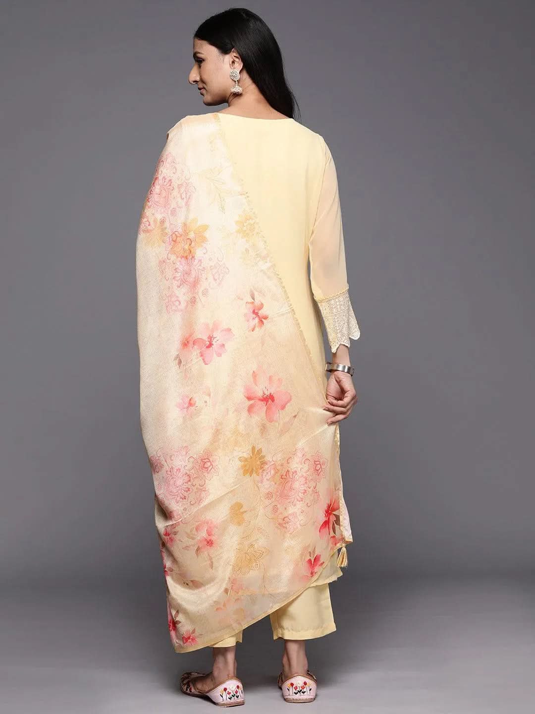 Yellow Embroidered Georgette Straight Suit Set With Trousers - Libas 