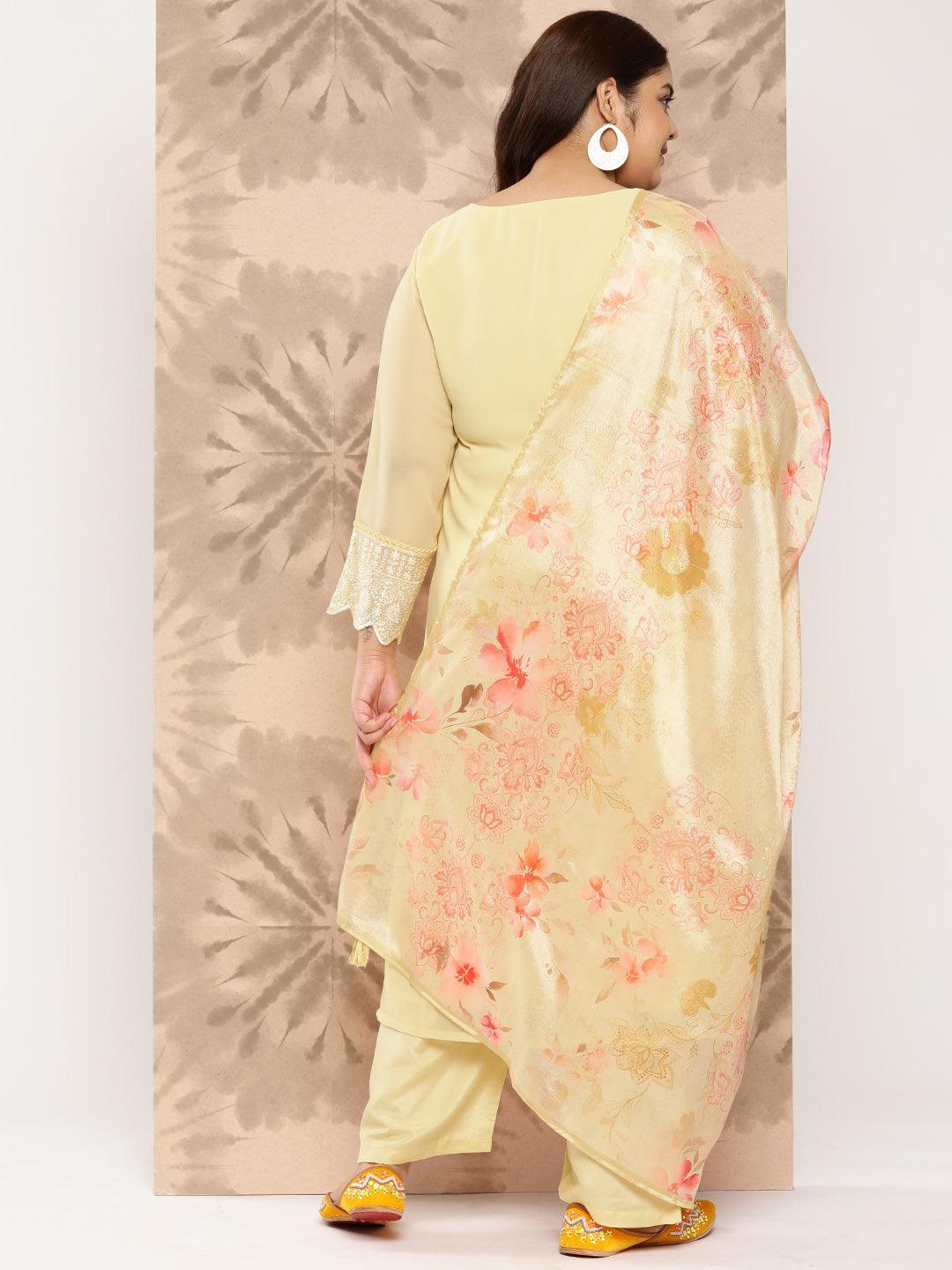 Yellow Embroidered Georgette Straight Kurta With Trousers and Dupatta - Libas