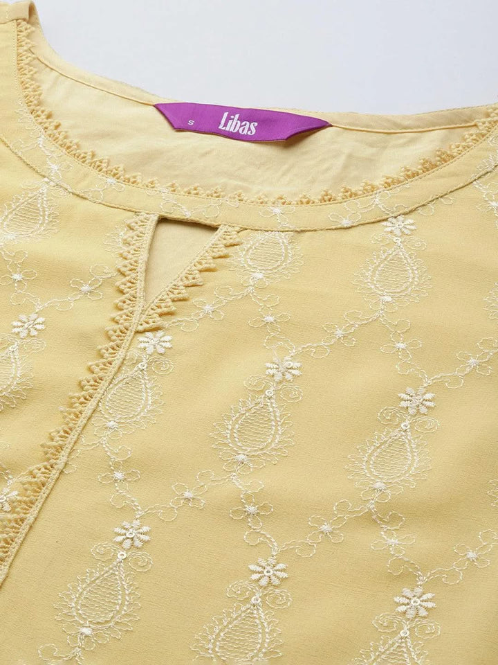 Yellow Embroidered Georgette Straight Suit Set With Trousers - Libas