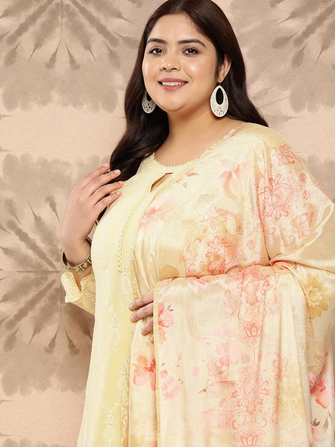 Yellow Embroidered Georgette Straight Kurta With Trousers and Dupatta - Libas