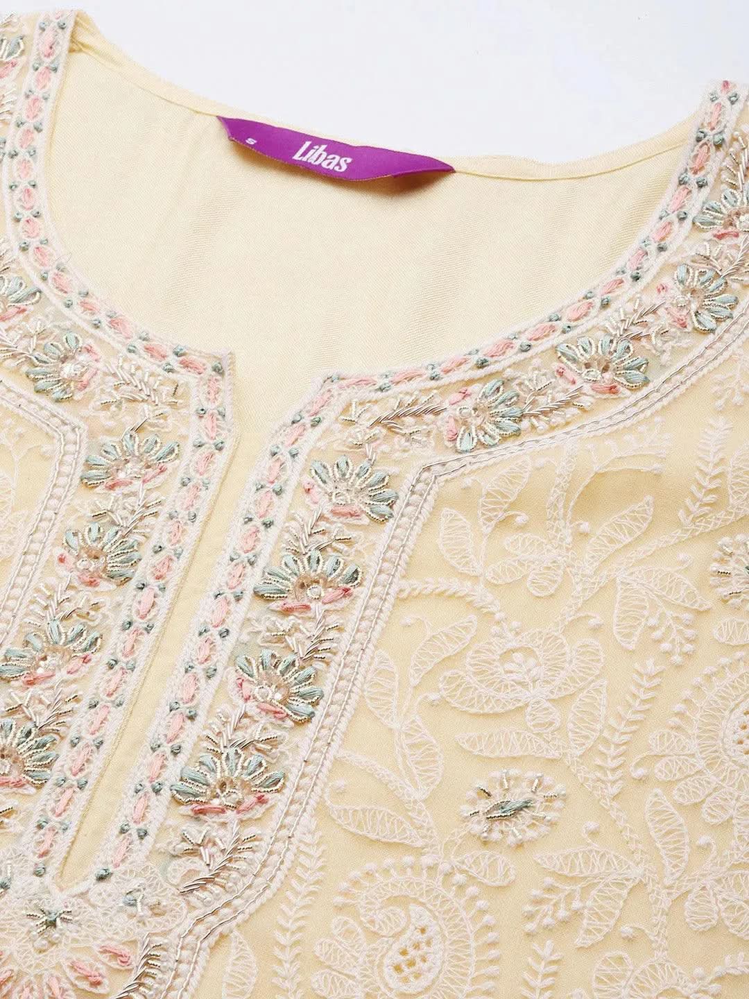 Yellow Embroidered Poly Georgette Straight Suit Set - Libas 