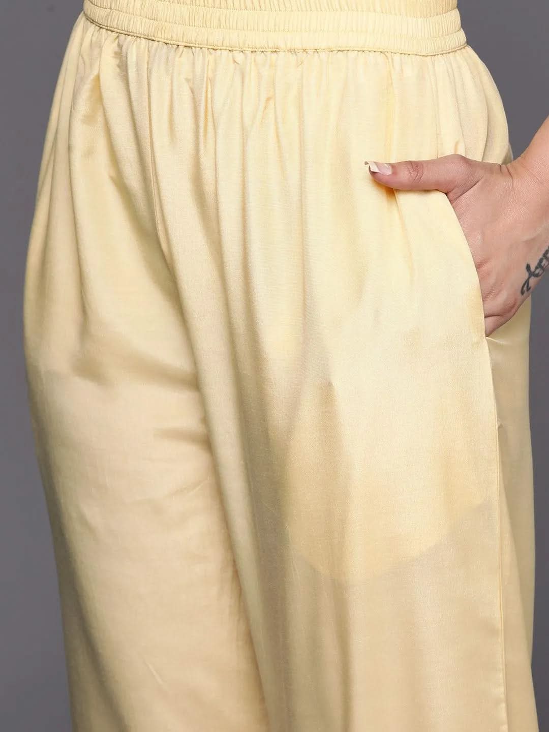 Yellow Embroidered Georgette Straight Suit Set With Trousers - Libas 