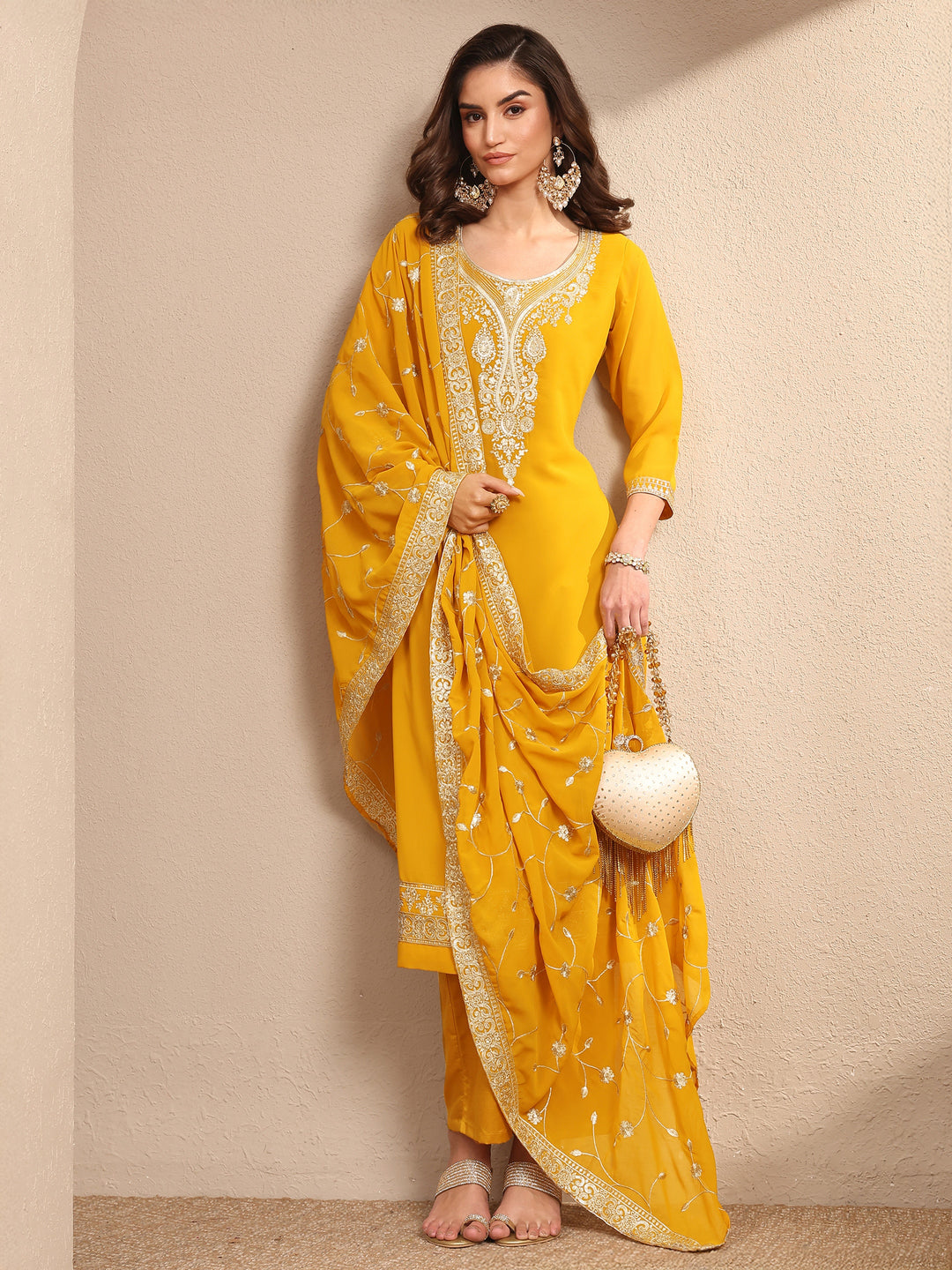  Yellow Embroidered Georgette Straight Suit Set With Dupatta 