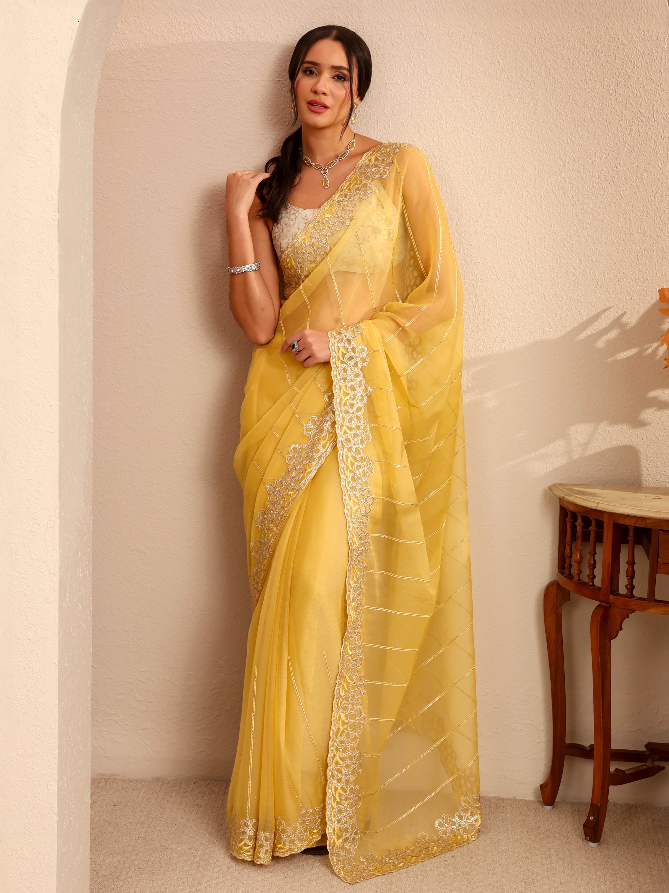 libas Yellow Embroidered Organza Saree-picture-50
