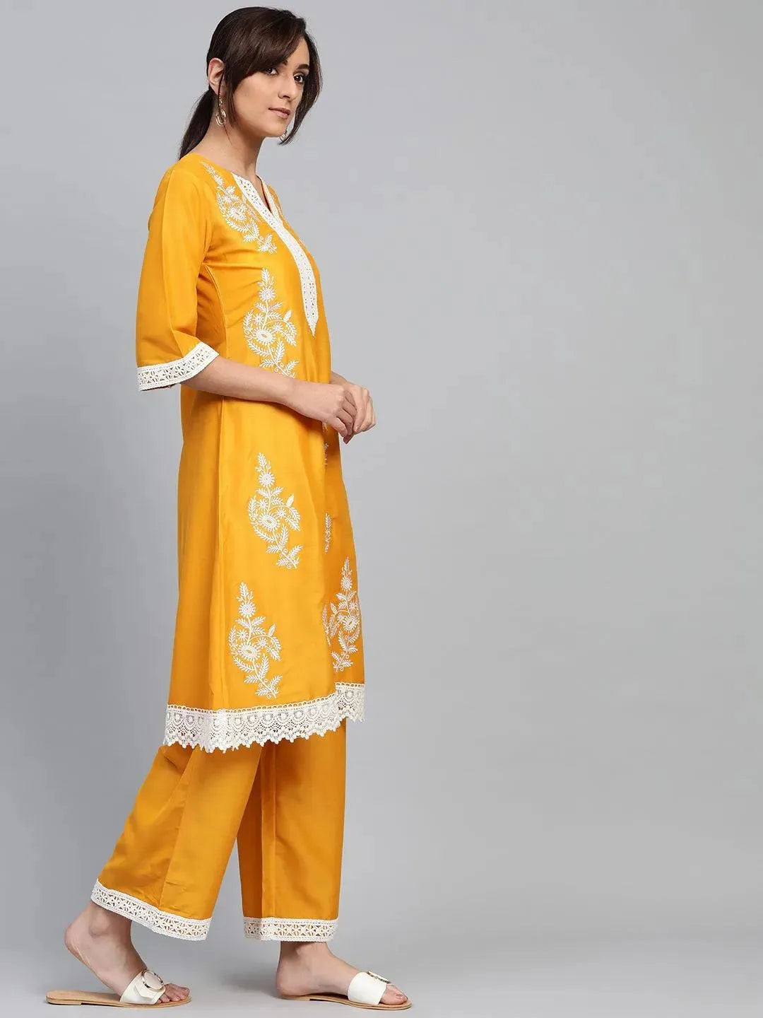 Yellow Embroidered Polyester Kurta Set - Libas 