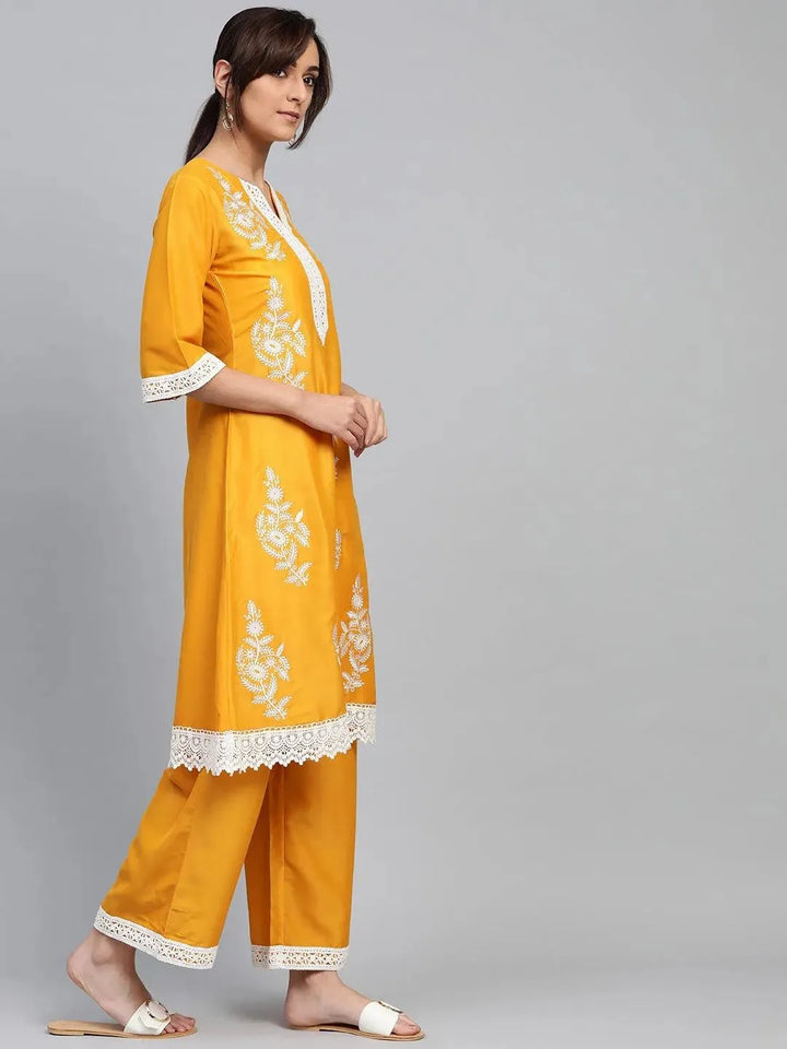 Yellow Embroidered Polyester Kurta Set - Libas