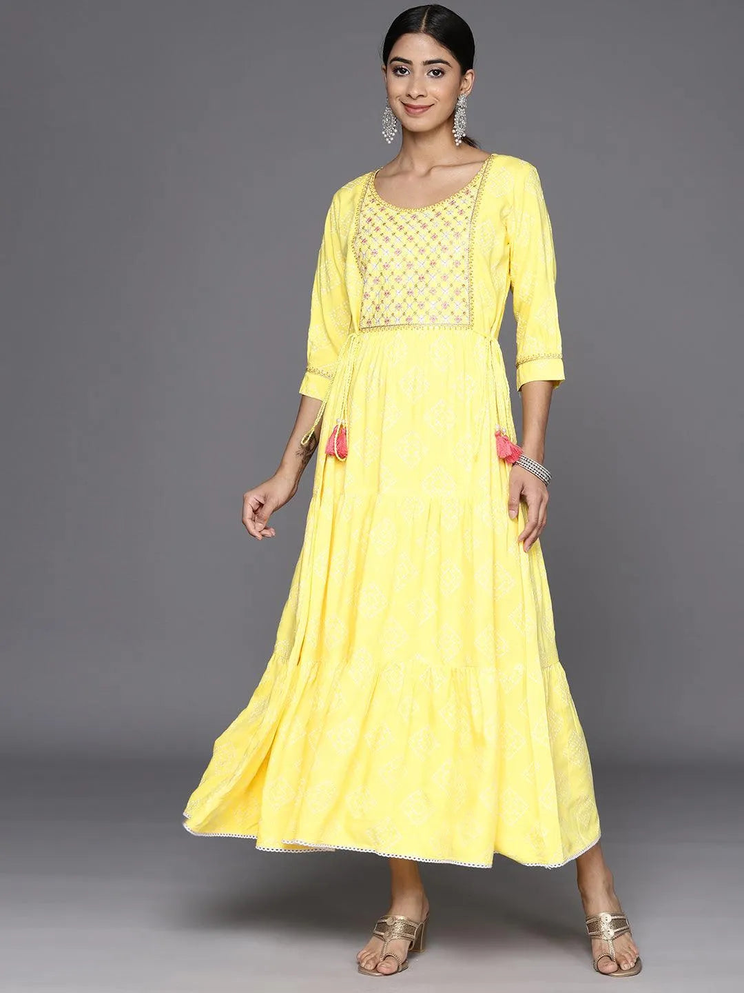 Yellow Embroidered Rayon Fit and Flare Dress - Libas 