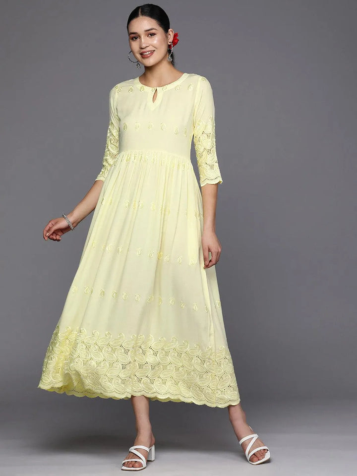 Yellow Embroidered Rayon Fit and Flare Dress - Libas