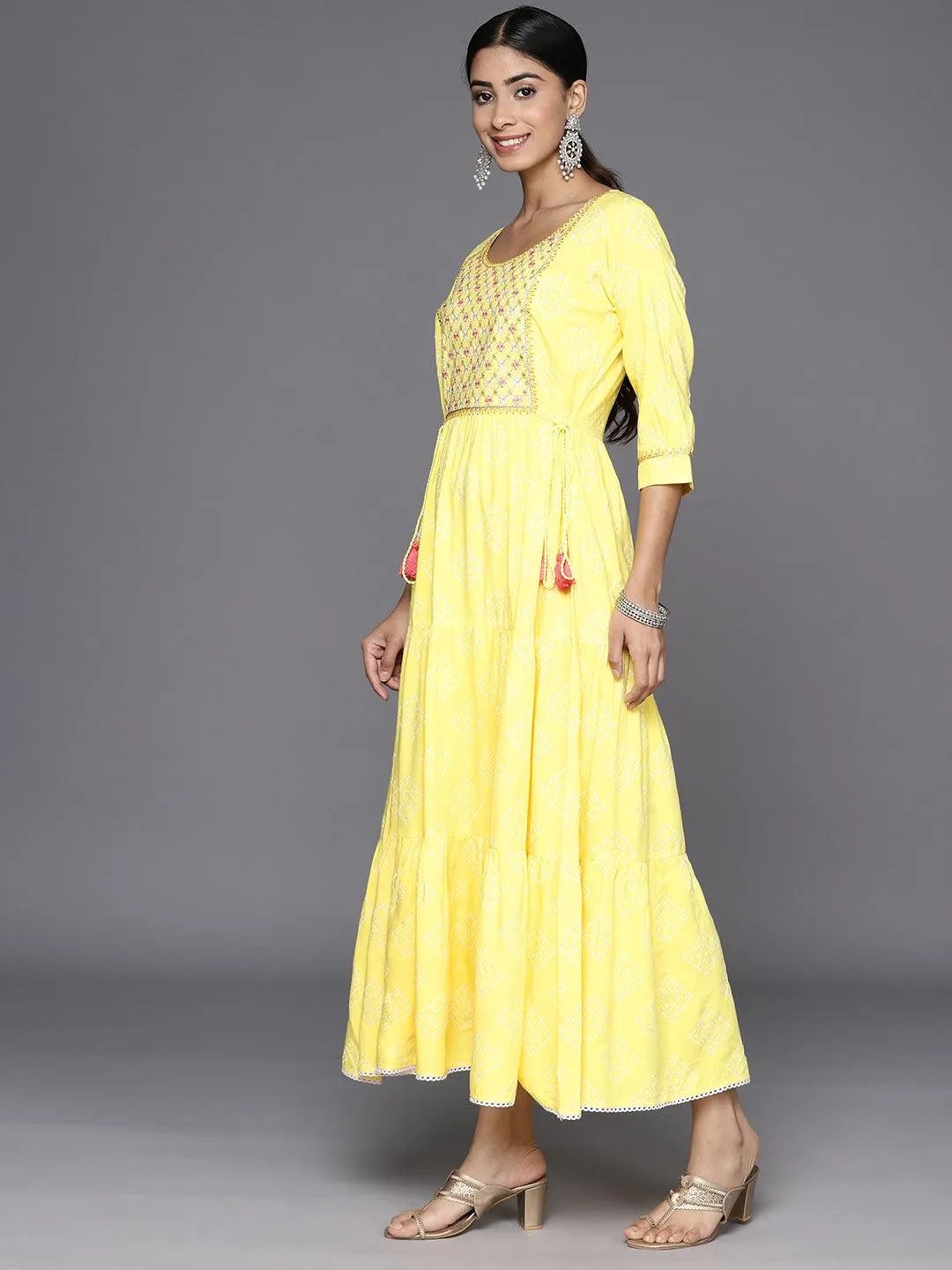 Yellow Embroidered Rayon Fit and Flare Dress - Libas 