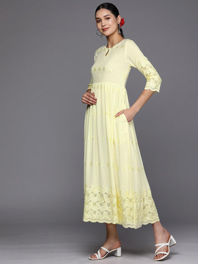 Yellow Embroidered Rayon Fit and Flare Dress - Libas