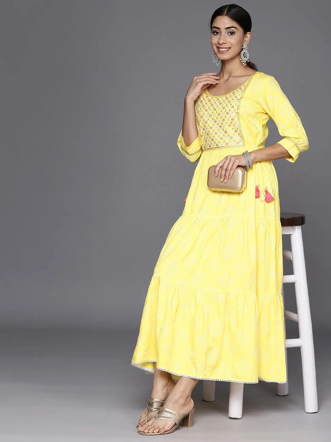 Yellow Embroidered Rayon Fit and Flare Dress - Libas 