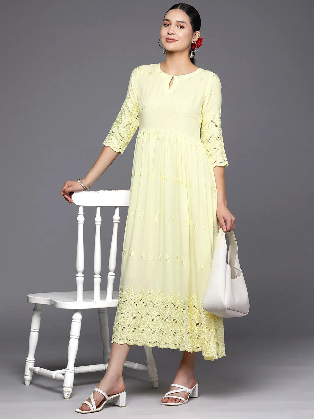 Yellow Embroidered Rayon Fit and Flare Dress - Libas 