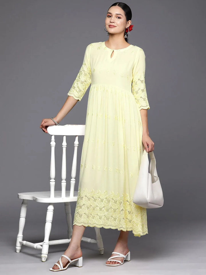 Yellow Embroidered Rayon Fit and Flare Dress - Libas
