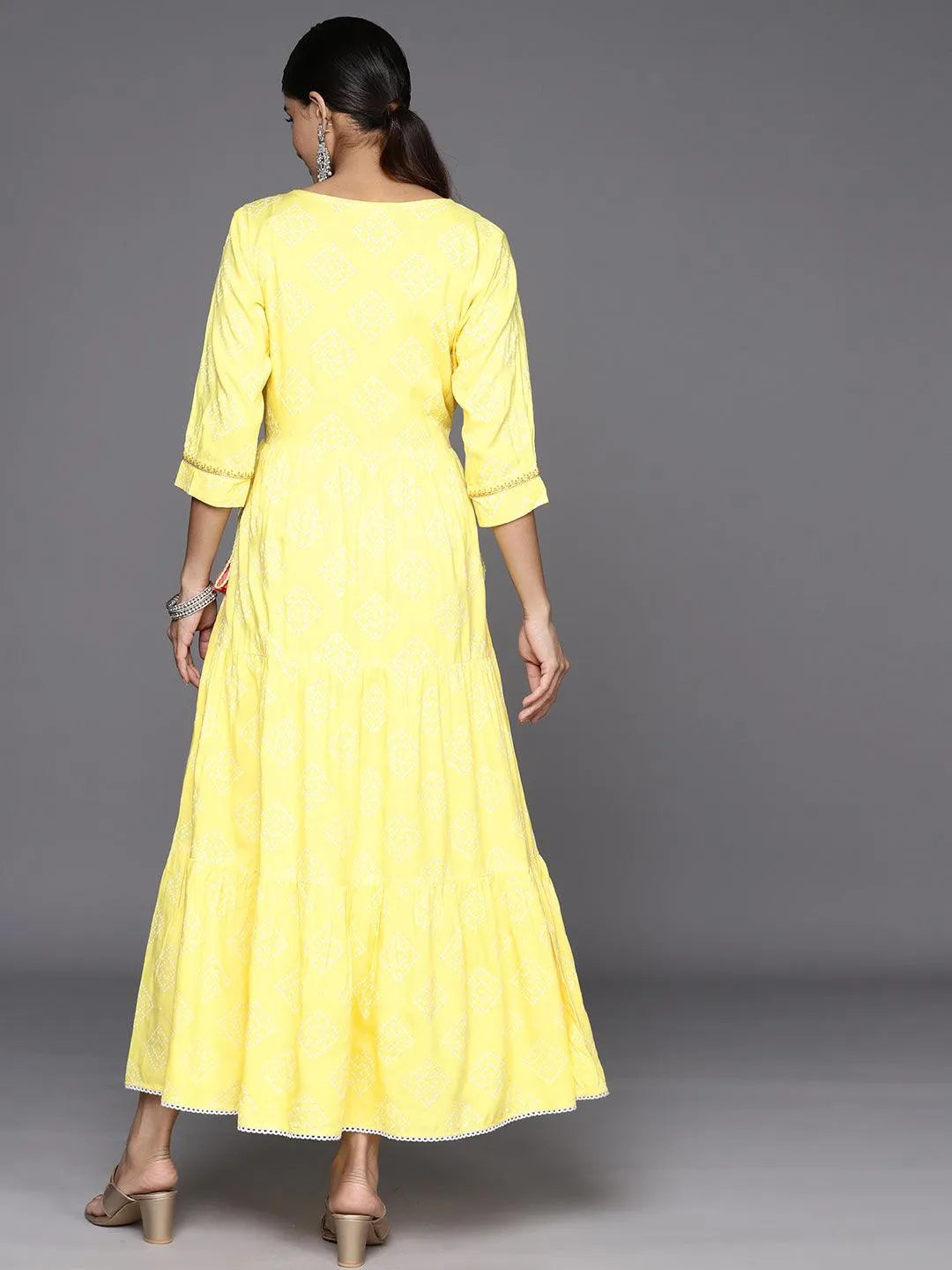 Yellow Embroidered Rayon Fit and Flare Dress - Libas 