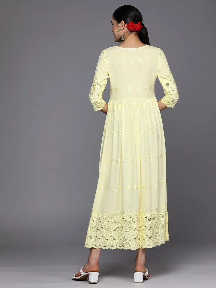 Yellow Embroidered Rayon Fit and Flare Dress - Libas