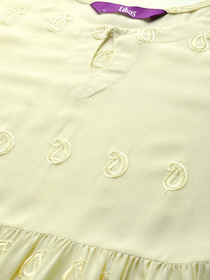 Yellow Embroidered Rayon Fit and Flare Dress - Libas