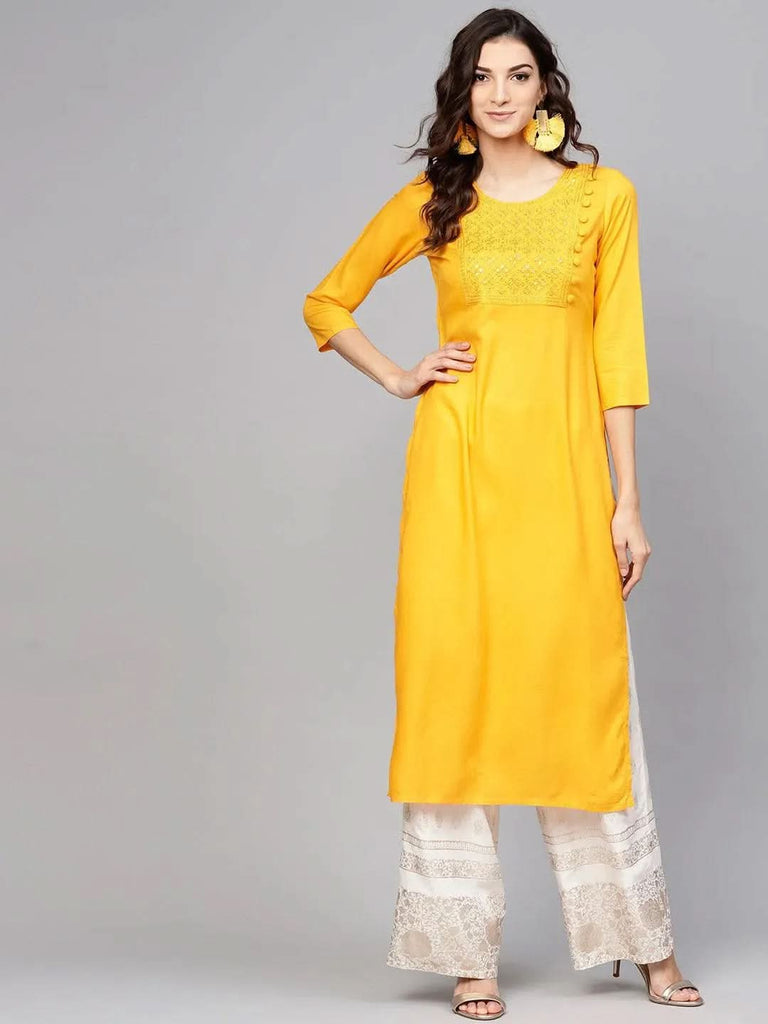 Libas Yellow Embroidered Rayon Kurta