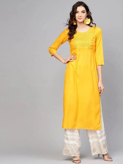 Yellow Embroidered Rayon Kurta - Libas