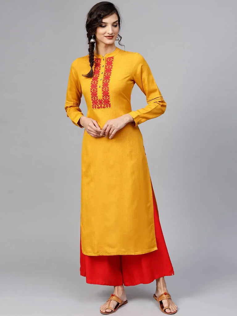 Libas Yellow Embroidered Rayon Kurta