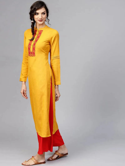 Yellow Embroidered Rayon Kurta - Libas