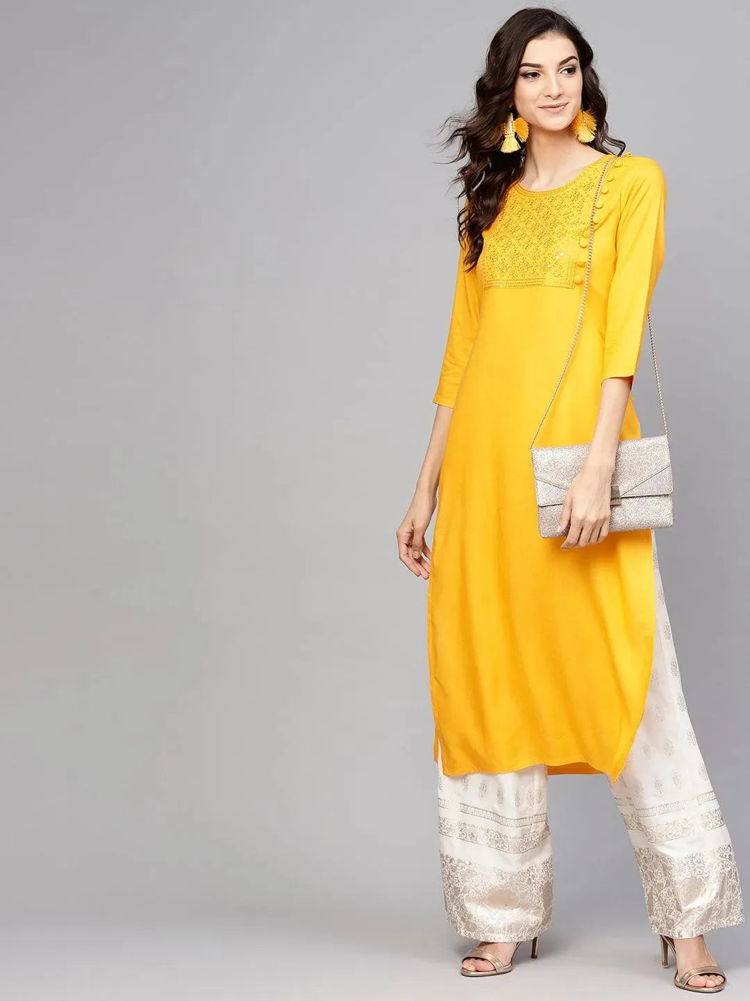 Yellow Embroidered Rayon Kurta - Libas