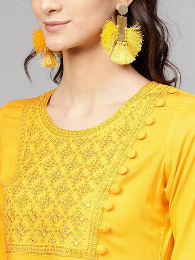 Yellow Embroidered Rayon Kurta - Libas