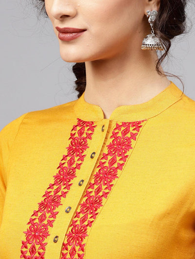 Yellow Embroidered Rayon Kurta - Libas