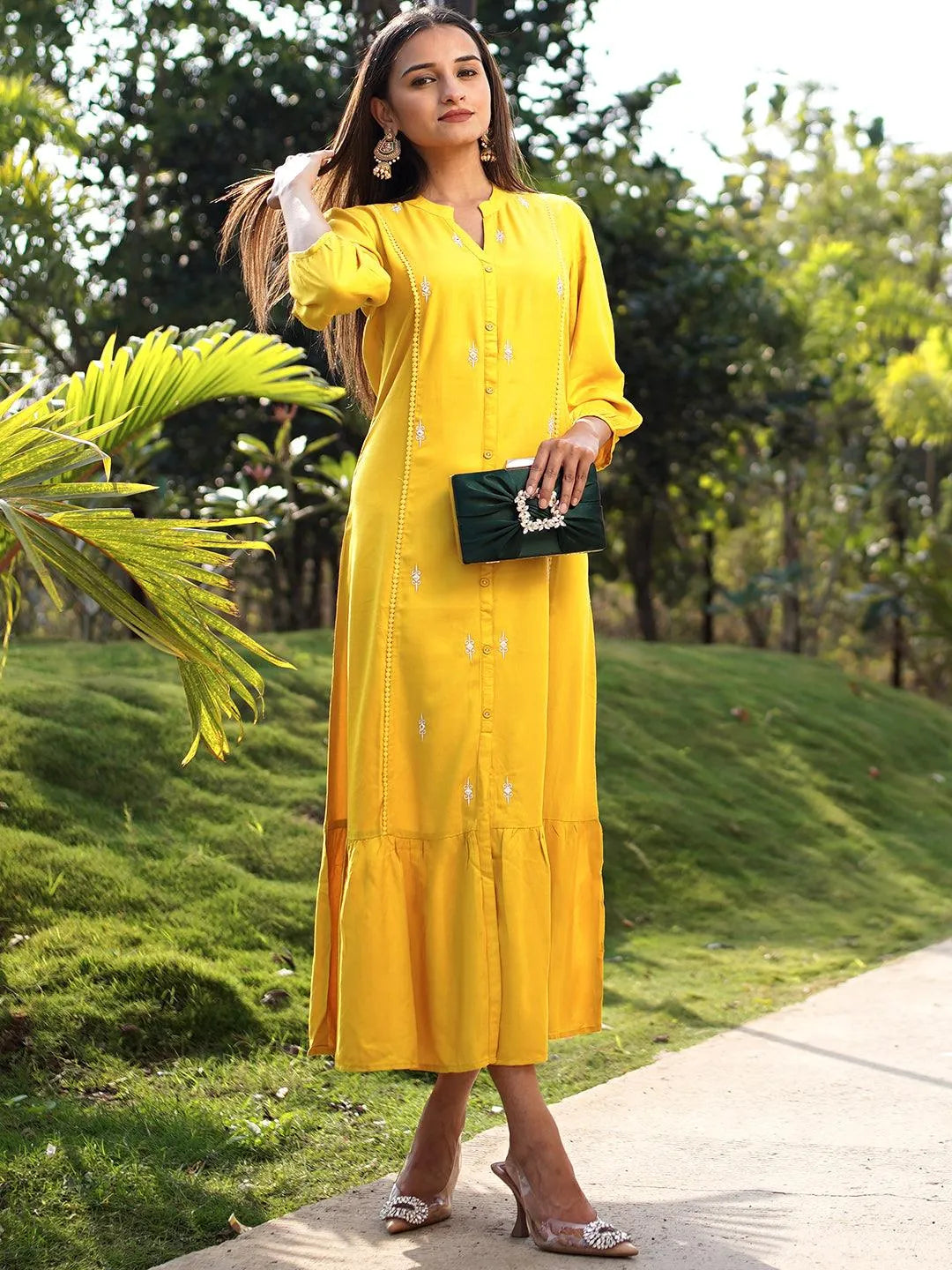 Yellow Embroidered Rayon Maxi Dress - Libas