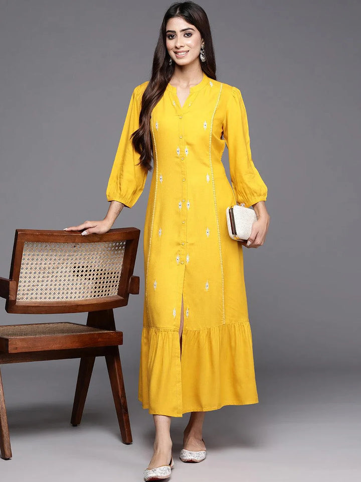Yellow Embroidered Rayon Maxi Dress - Libas