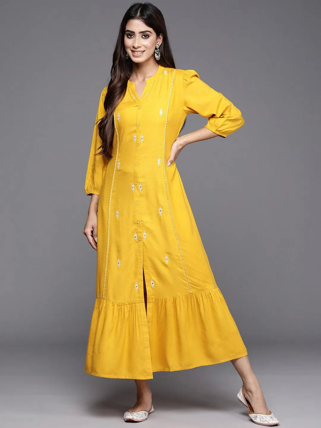 Yellow Embroidered Rayon Maxi Dress - Libas 