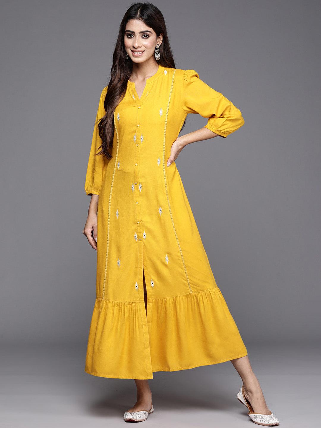 Yellow Embroidered Rayon Maxi Dress - Libas