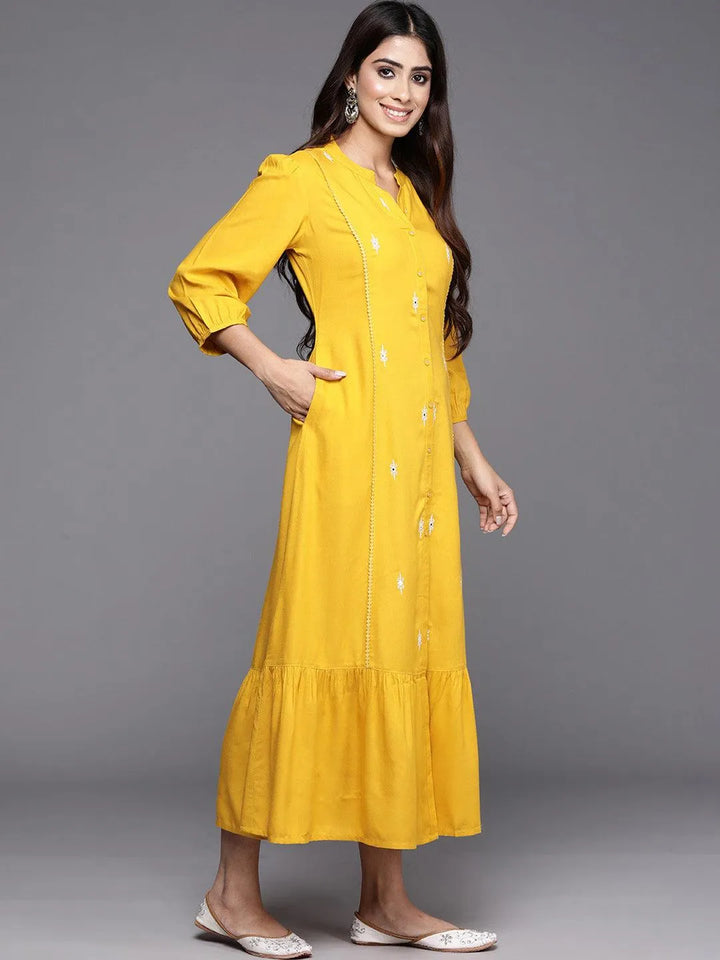 Yellow Embroidered Rayon Maxi Dress - Libas