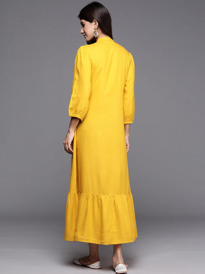 Yellow Embroidered Rayon Maxi Dress - Libas