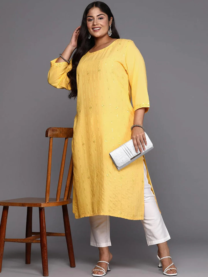 Yellow Embroidered Rayon Straight Kurta - Libas