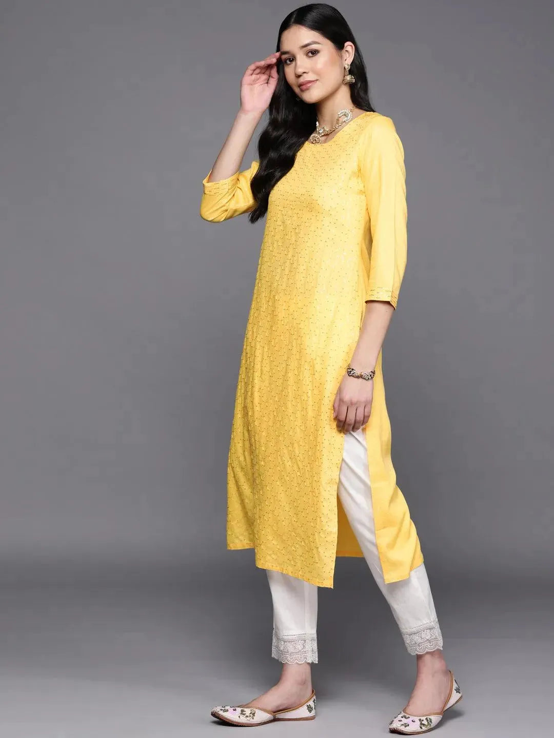 Yellow Embroidered Rayon Straight Kurta - Libas 
