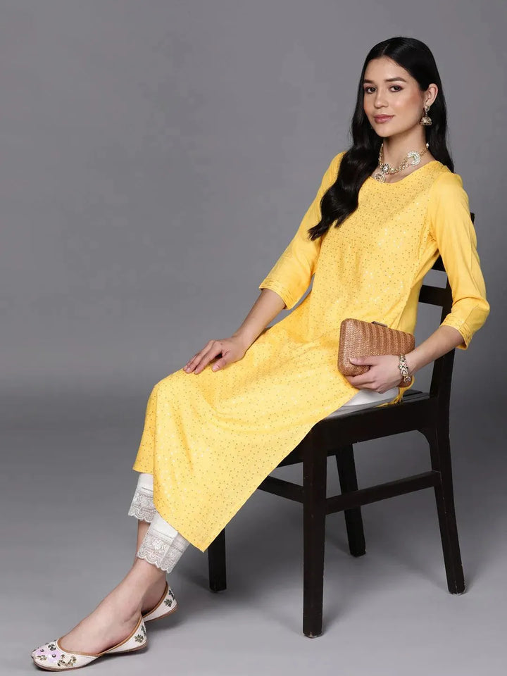 Yellow Embroidered Rayon Straight Kurta - Libas