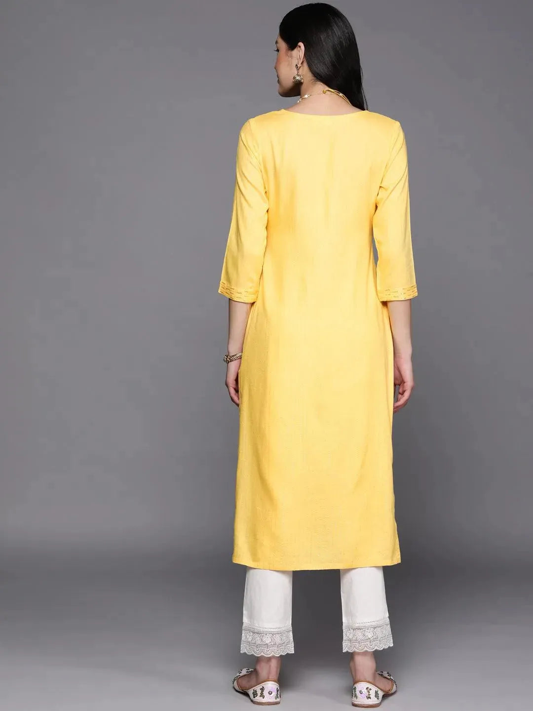 Yellow Embroidered Rayon Straight Kurta - Libas