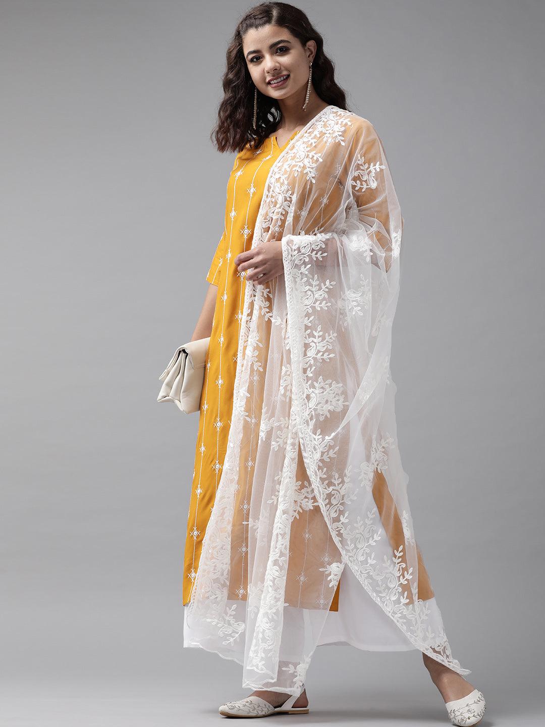 Yellow Embroidered Rayon Suit Set - Libas