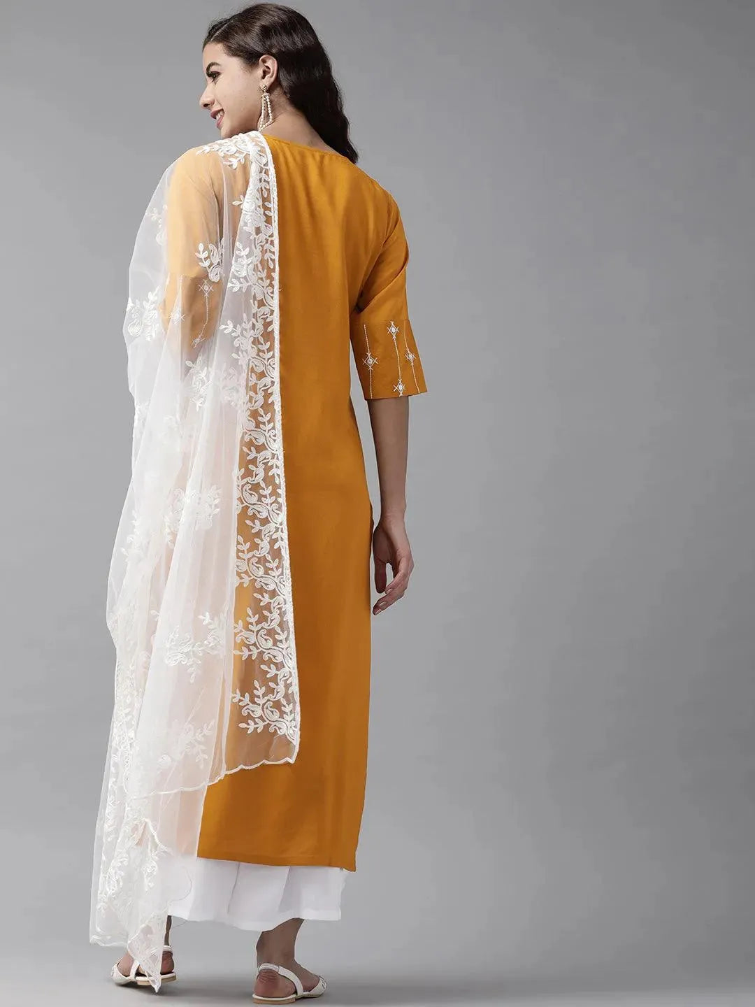 Yellow Embroidered Rayon Suit Set - Libas 